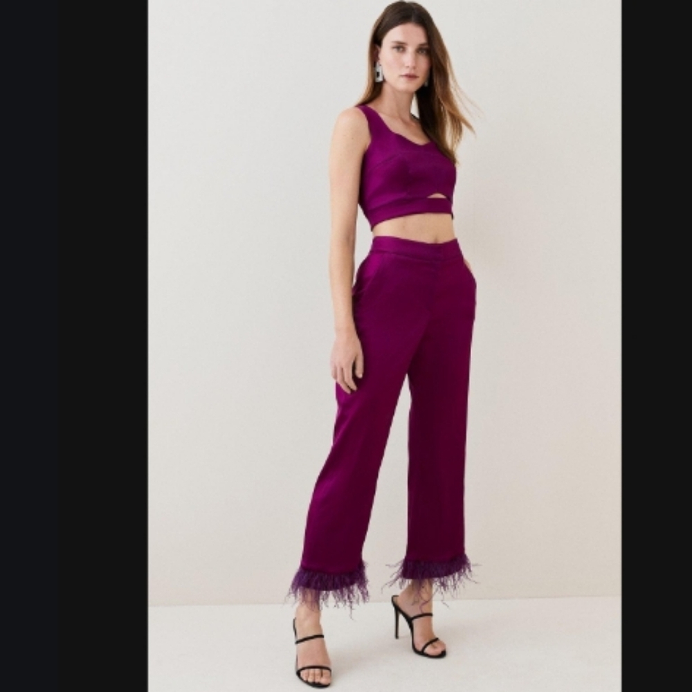 Italian Satin Feather Hem Pants - Karen Millen